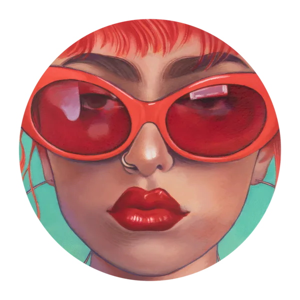 Portrait of a woman in large red sunglasses with red lips, on a mint-green ground