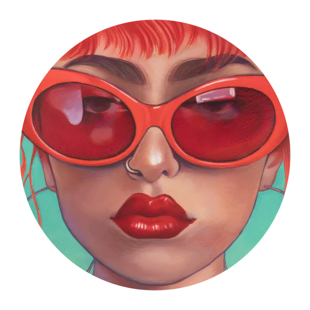 Portrait of a woman in large red sunglasses with red lips, on a mint-green ground
