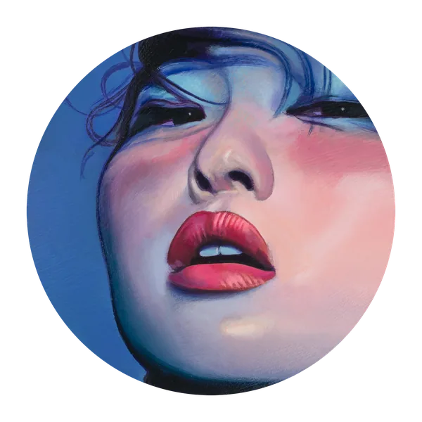 Portrait of a woman with blue-black hair and red lips, head tilted back, on a blue ground