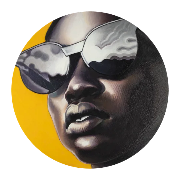 Portrait of a man in mirrored sunglasses, painted in black and white on a yellow ground