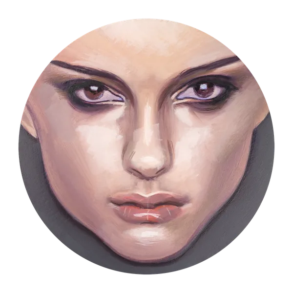 Close-up portrait of a woman with a direct gaze, on a grey ground