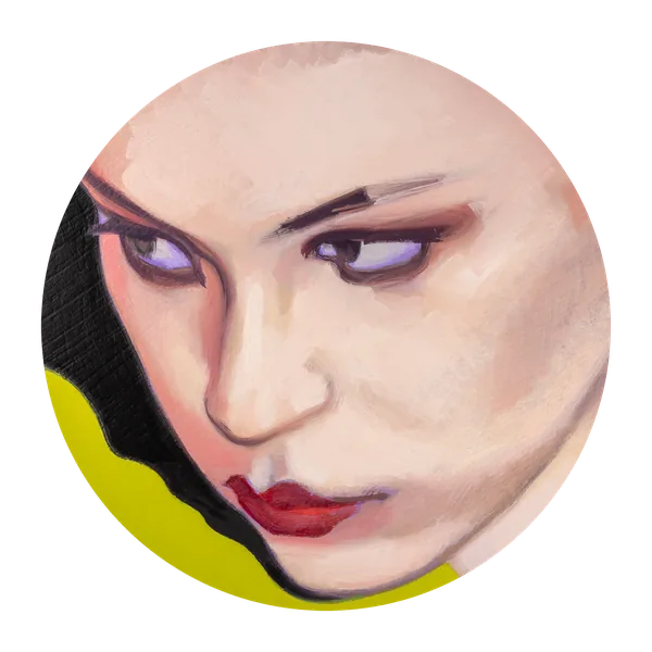 Portrait of a woman glancing sideways, with dark hair on a yellow ground