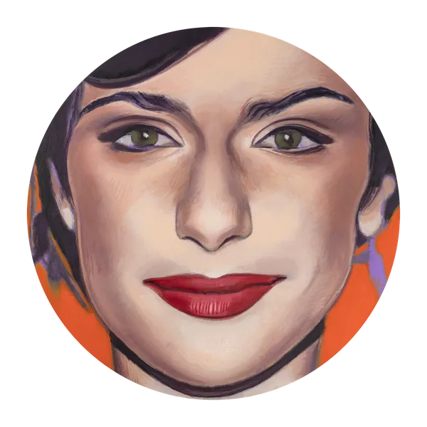 Portrait of a woman with dark hair and red lips, on an orange and violet ground