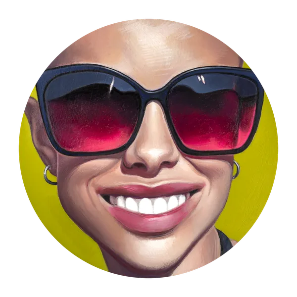 Portrait of a smiling woman in red-tinted sunglasses, on a yellow ground