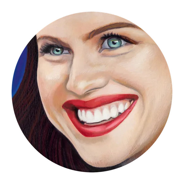 Portrait of a laughing woman with blue eyes and red lips