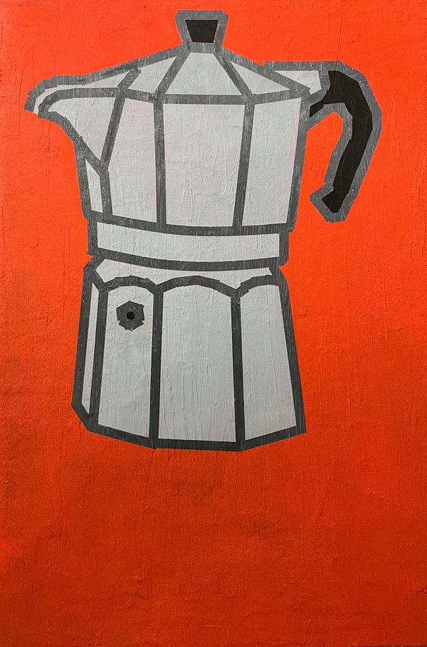 A stovetop espresso pot painted on an orange-red ground