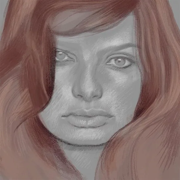 Grey portrait study of a woman with long auburn hair