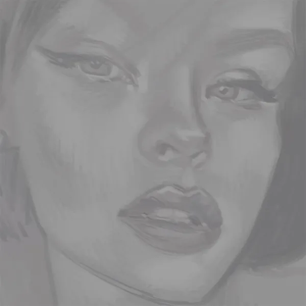 Faint grey sketch of a woman's face