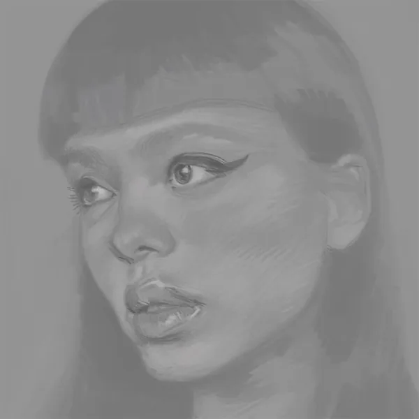 Grey sketch of a woman with a fringe, looking to the side