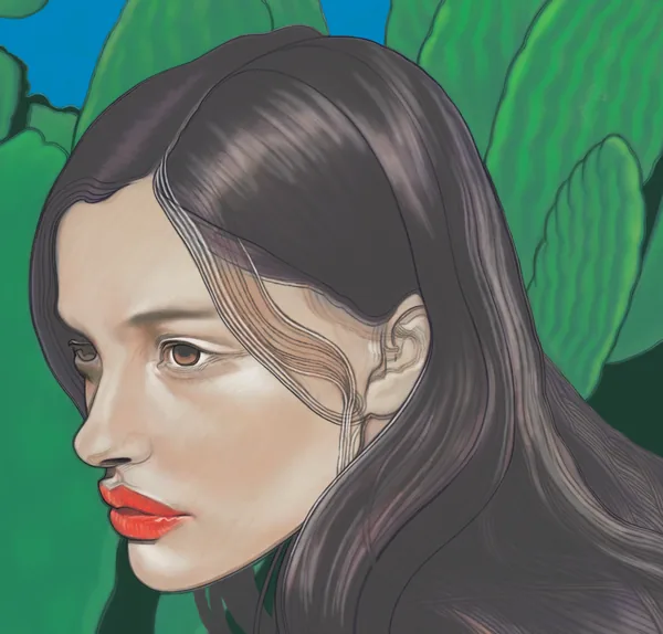 Portrait of a woman with long dark hair against large green leaves