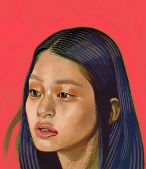 Portrait of a young woman with long dark hair, on a red ground