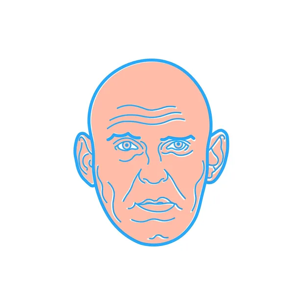 Line drawing of a bald man's head in a blue outline