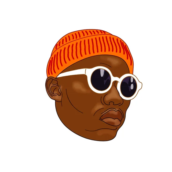 Flat illustration of a man in an orange beanie and round white sunglasses