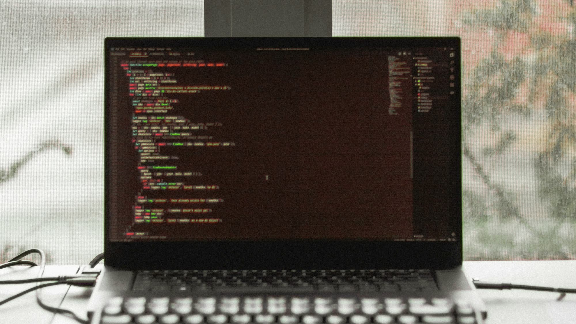 Laptop showing code in an editor, by a window, with a keyboard in front