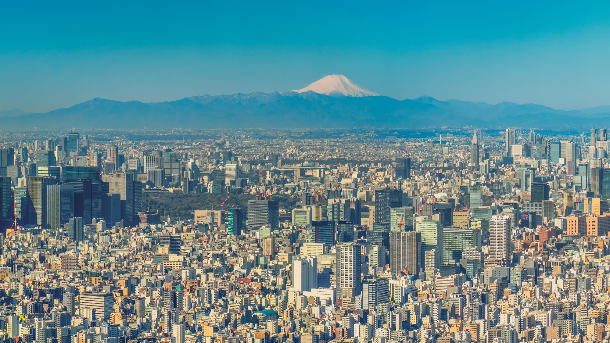 Tokyo skyline from above, with Mount Fuji on the horizon