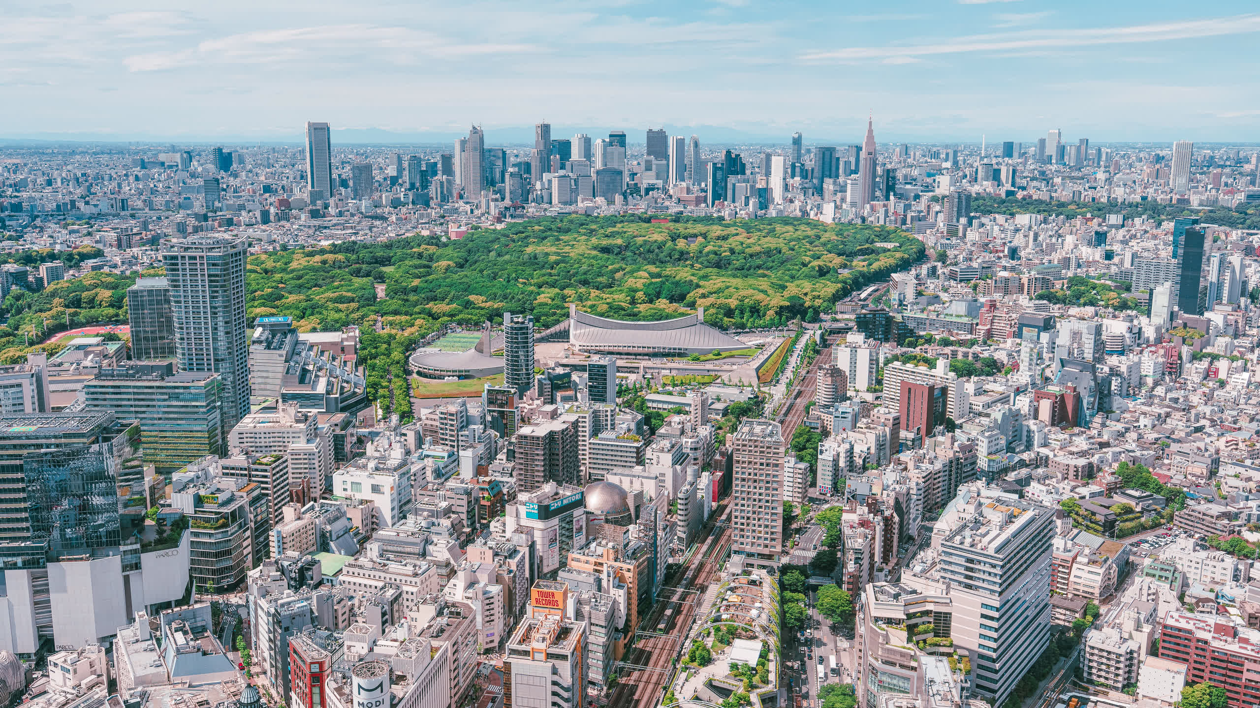 Aerial view of Tokyo over Yoyogi Park towards Shinjuku