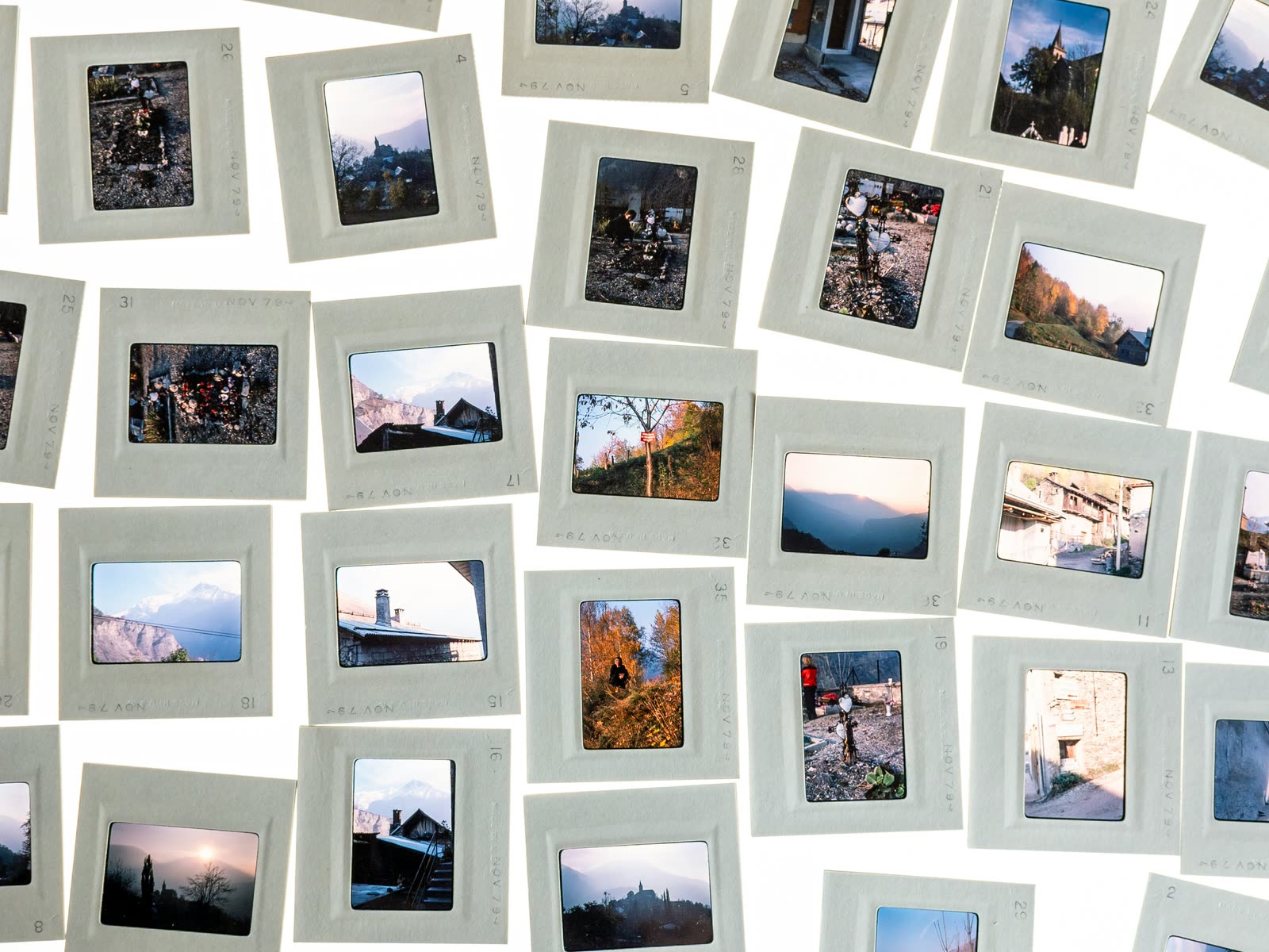 Photo slides spread out on a light table