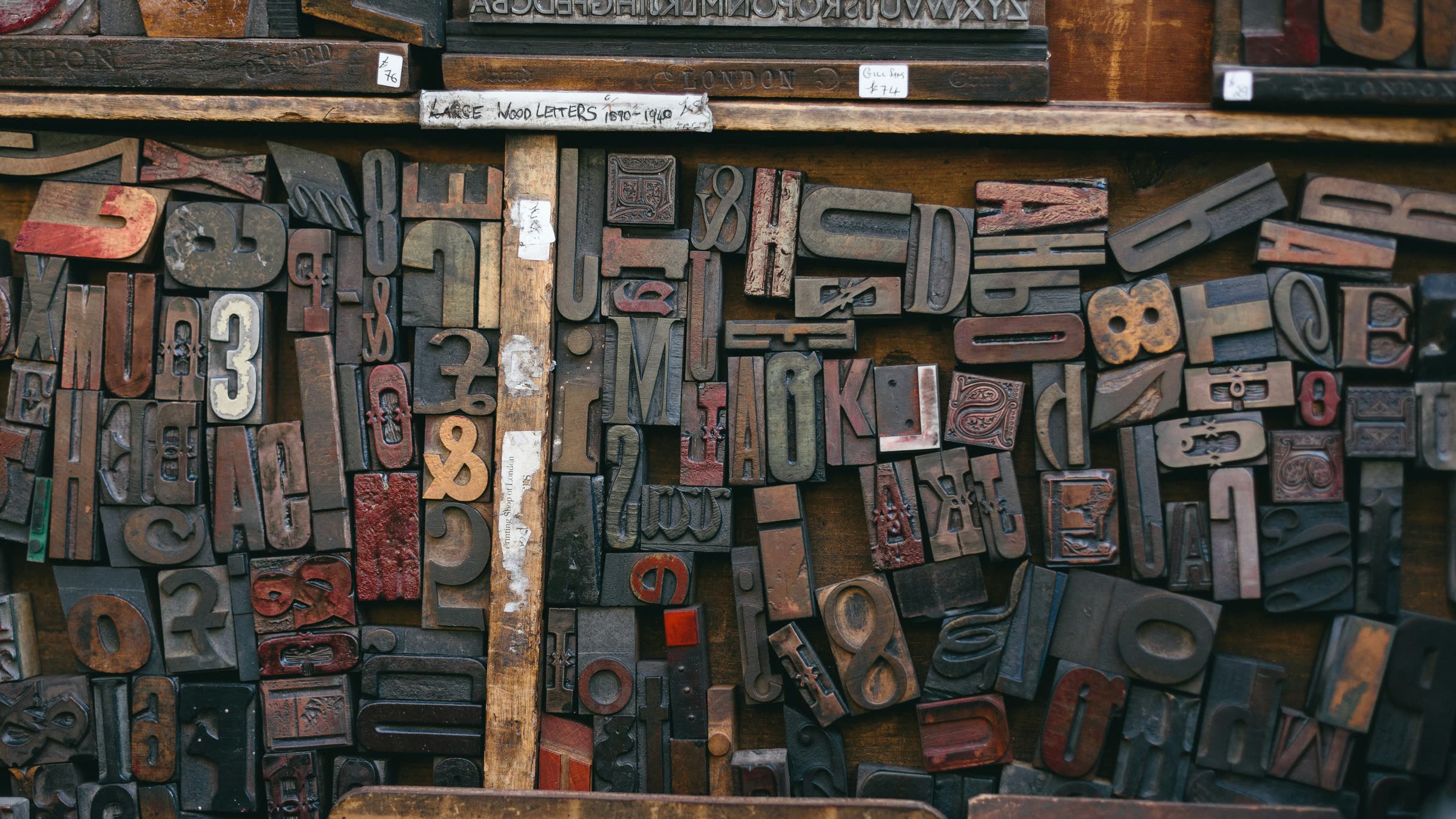 Shelves of old wooden letterpress type
